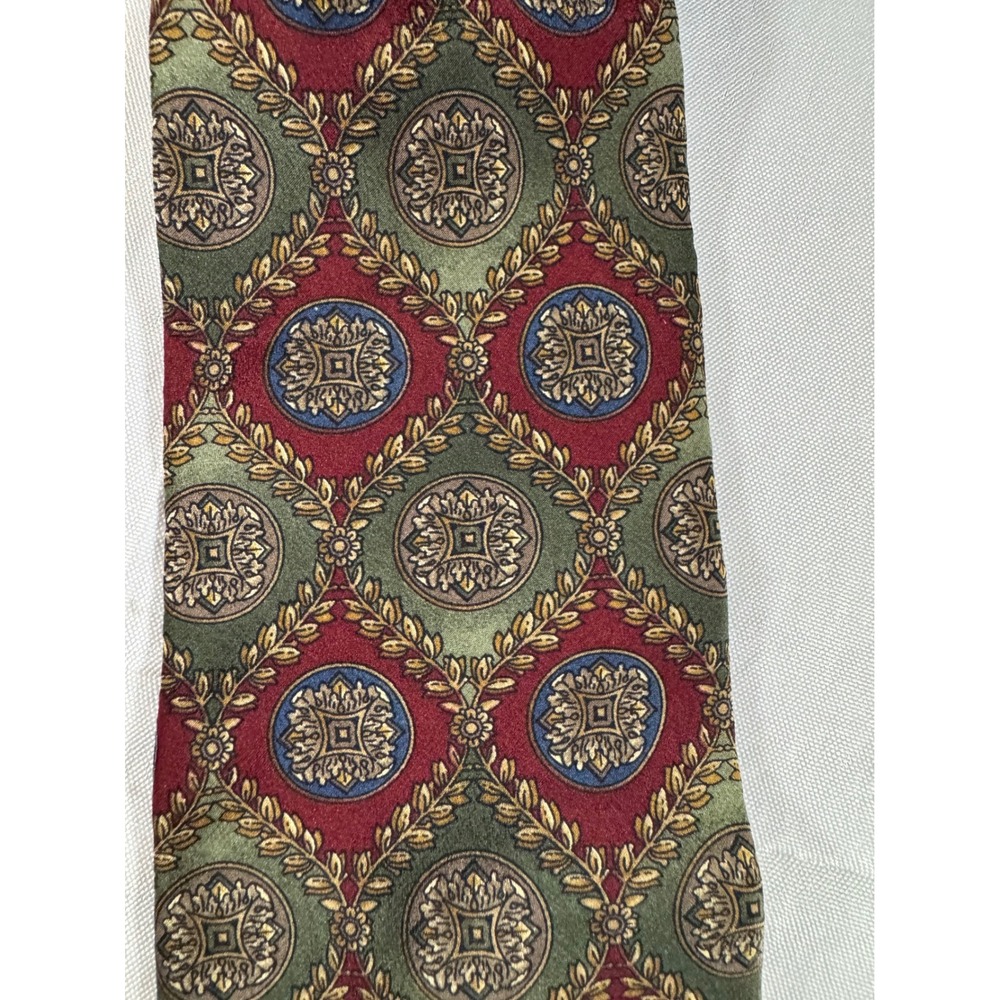 Mallory & Church Mens Silk Tie Green Red Gold Medallion Laurel Pattern